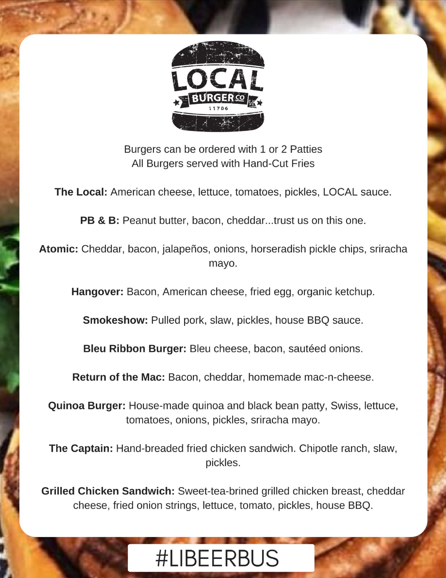 Local shop burger menu